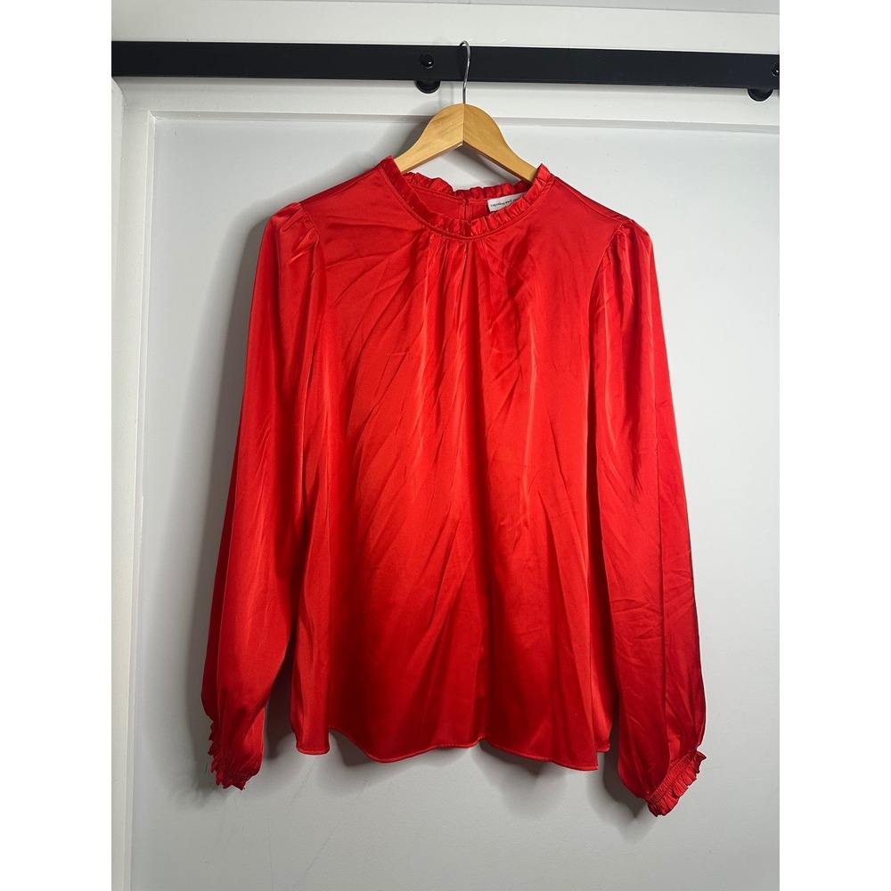 Cupcakes and Cashmere Red Blouse Long Sleeve Ruffle Neck Womens Size L